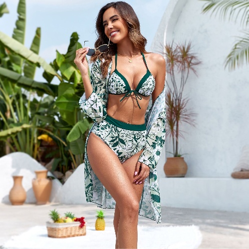 Floral Print Beachwear Sexy 3 Pieces Leaves Print Bikini Set